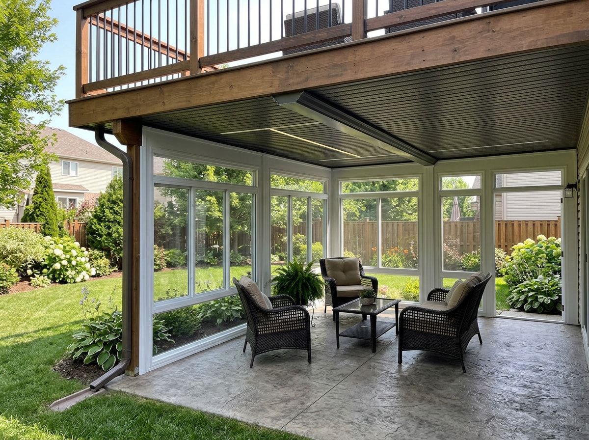 Under-deck enclosure with vinyl window panels and drainage system in a Henry County backyard