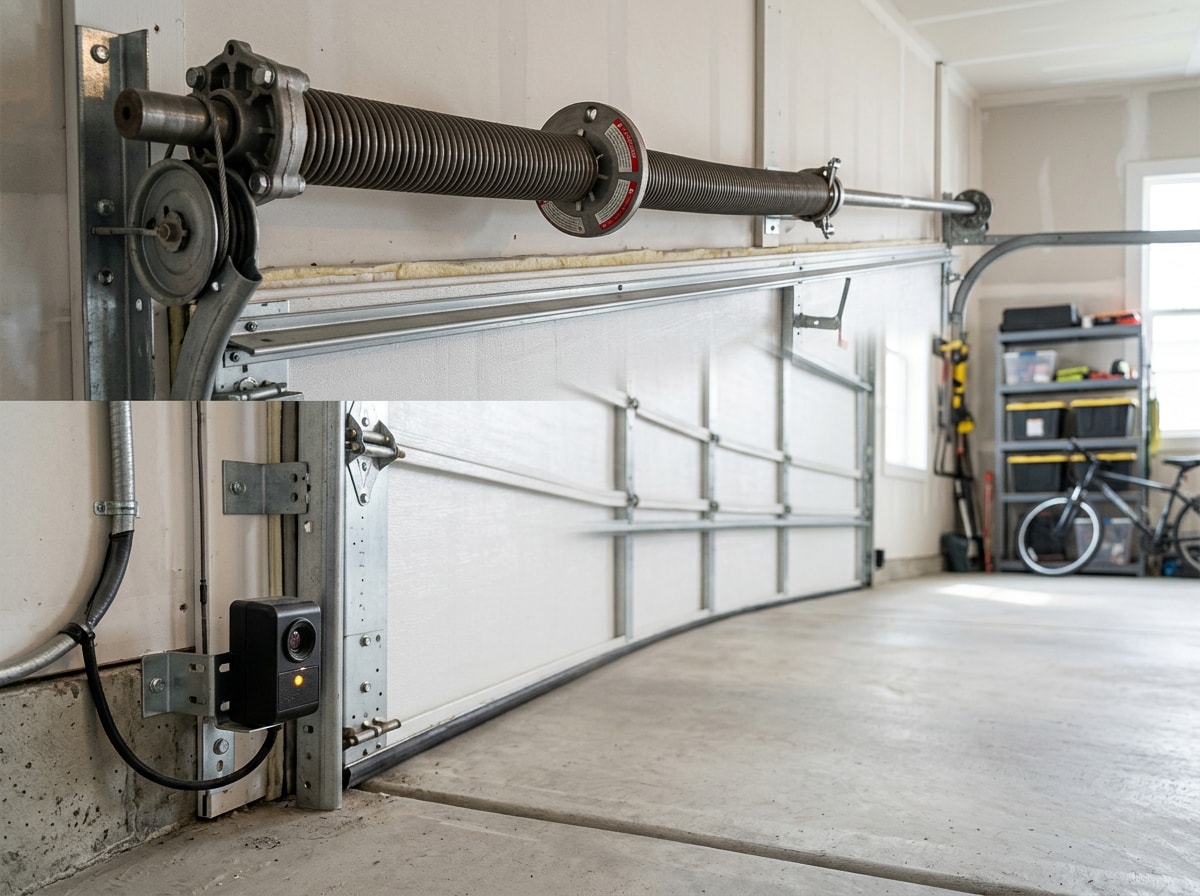 Garage door torsion spring and floor-level photo-eye safety sensor in a residential garage
