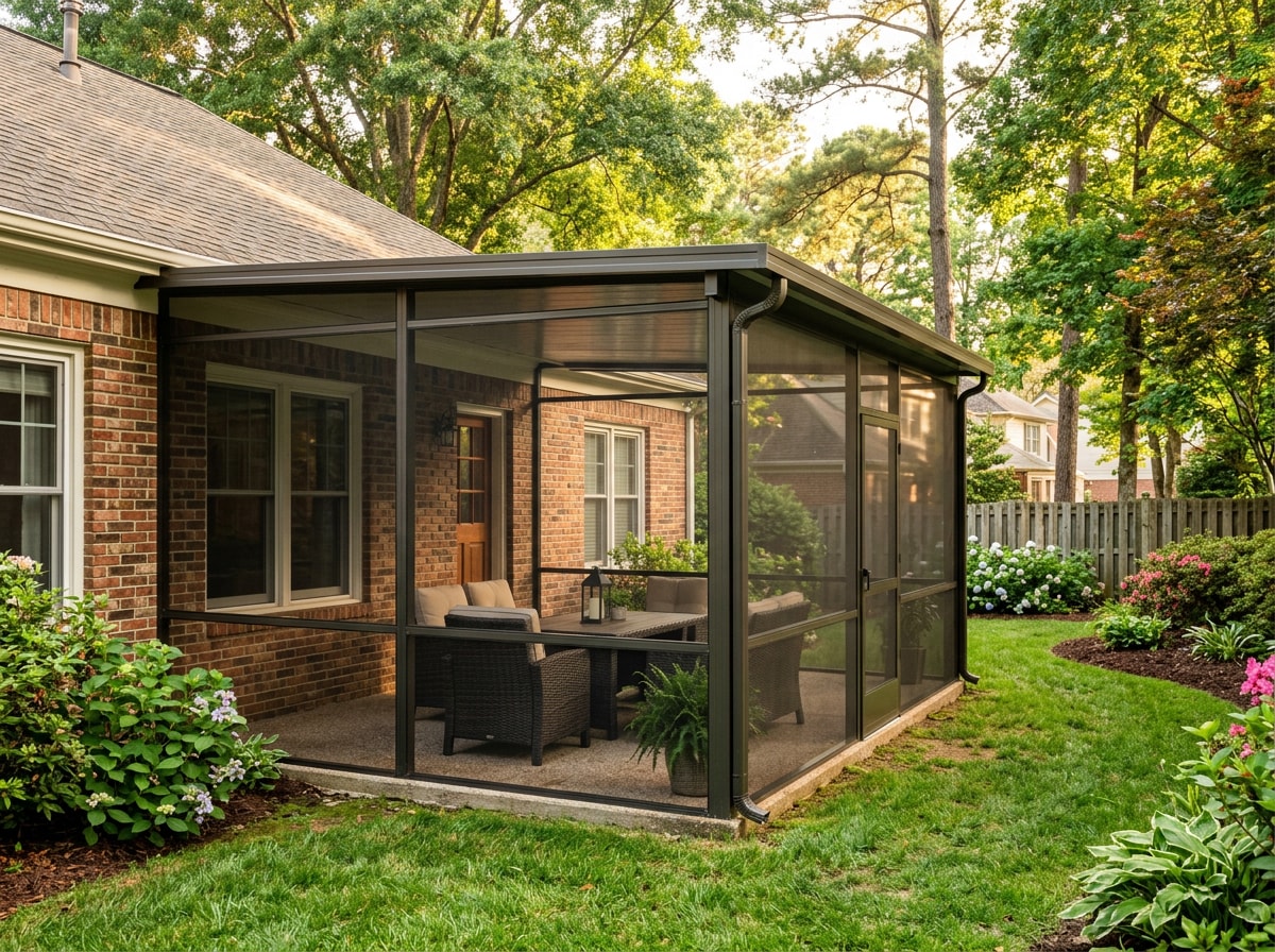 Aluminum-framed screened patio cover attached to a brick home exterior