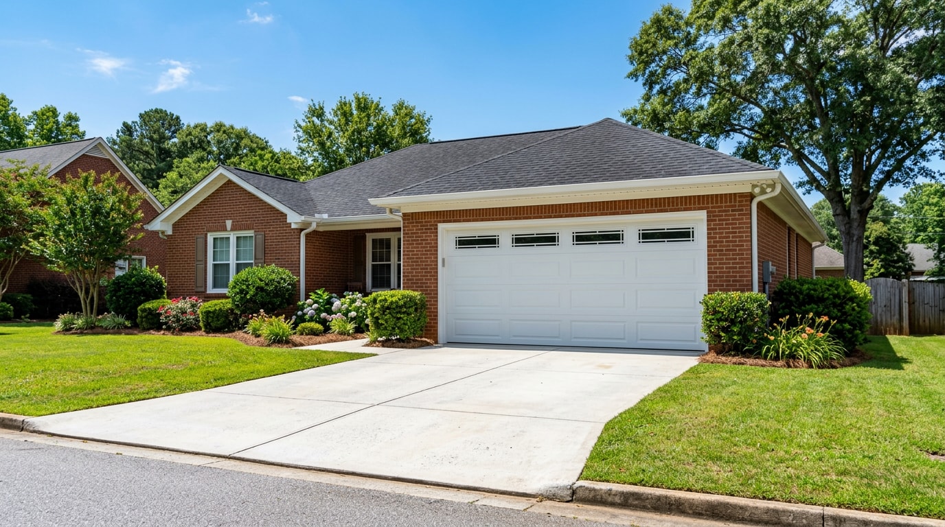 Newly installed insulated steel garage door on a brick home in Rockdale County, GA