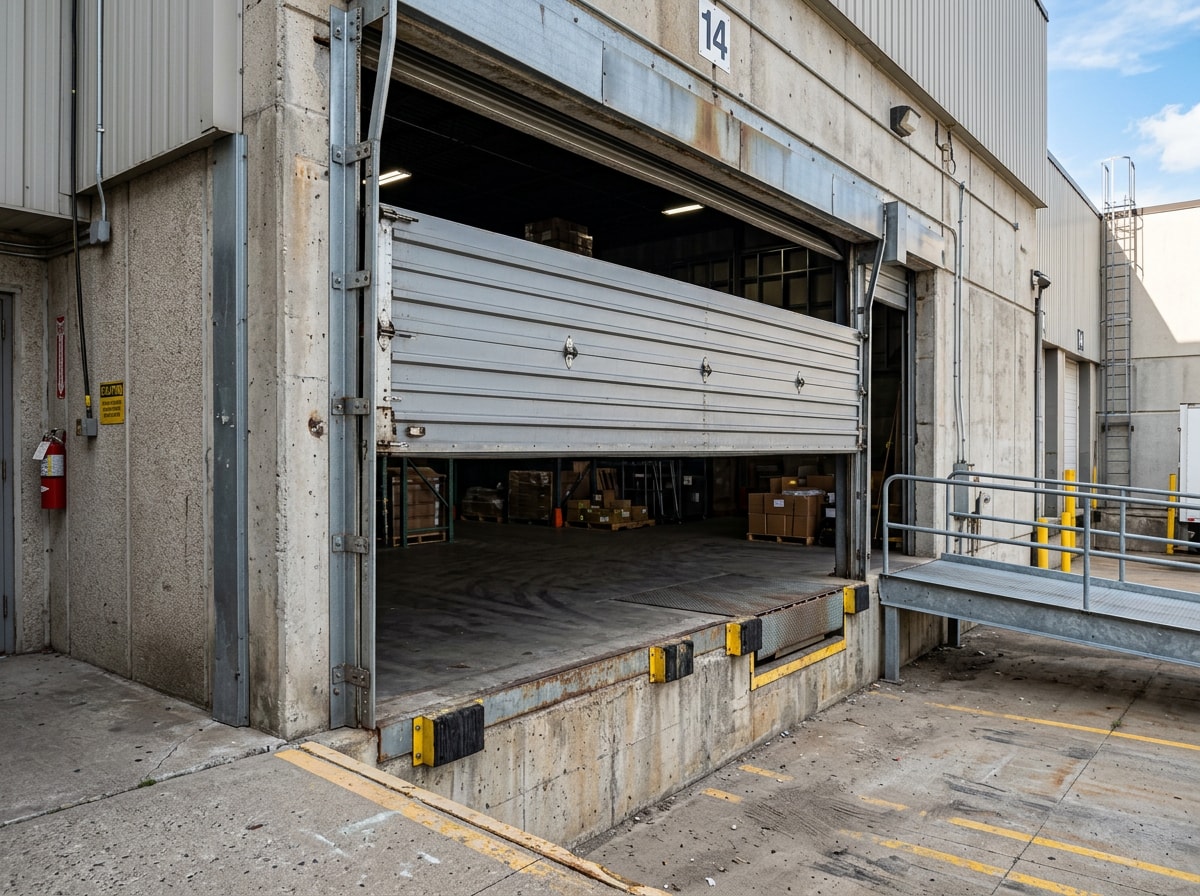 Sectional steel commercial garage door installed on a warehouse loading bay