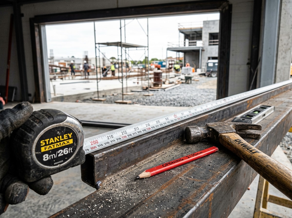 Technician measuring a commercial garage door opening before installation