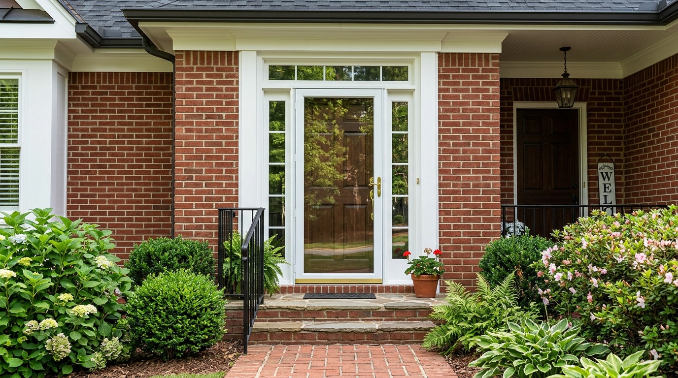Custom storm door installed on a brick East Metro Atlanta home entryway Custom storm door installed on a brick East Metro Atlanta home entryway