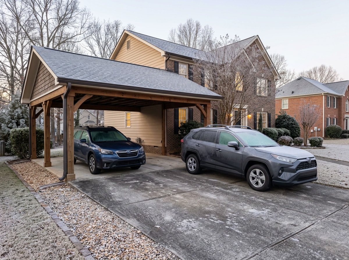 Car parked under a covered patio structure with a frost-free windshield while an open driveway nearby shows frost