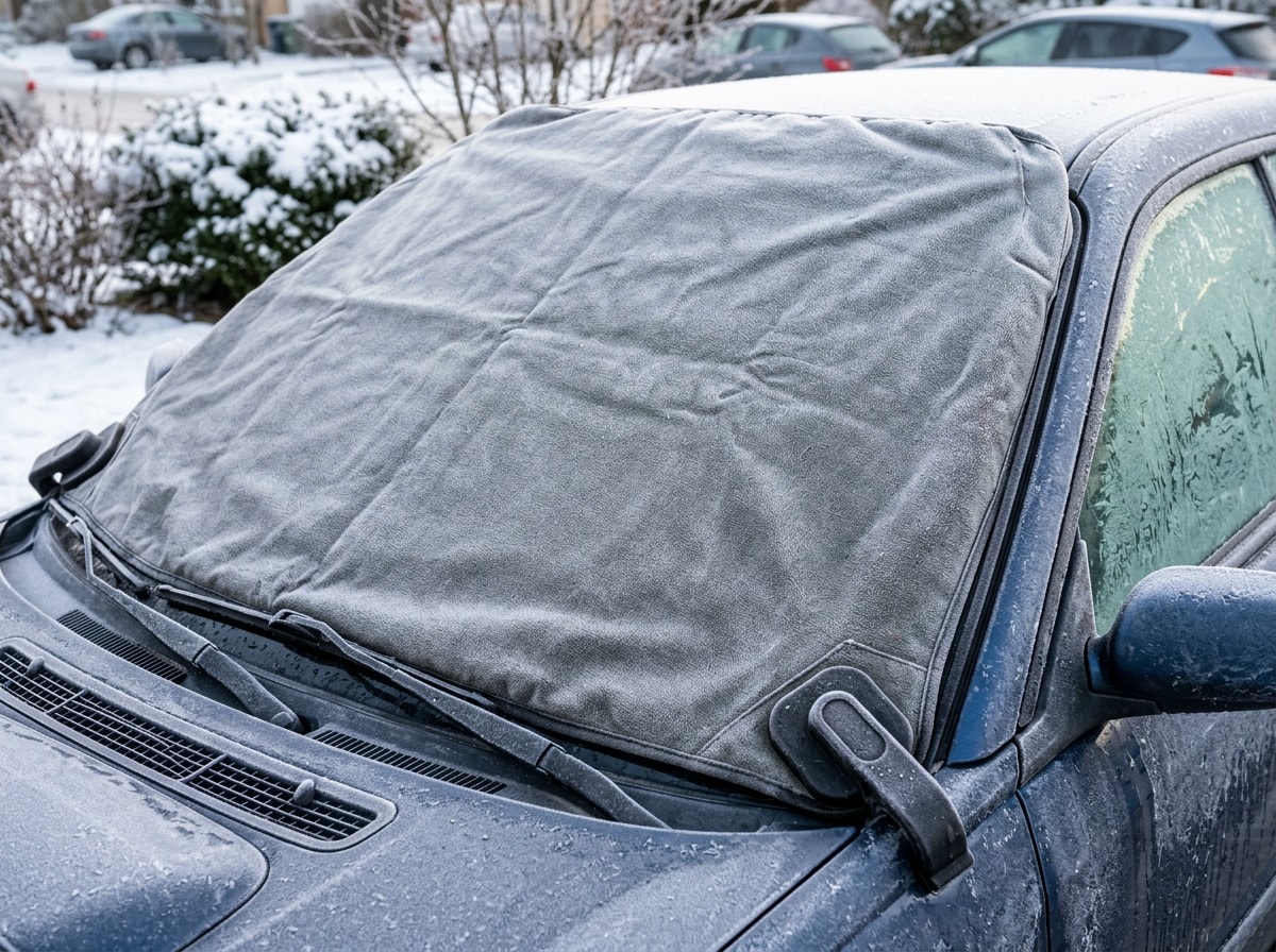 Windshield covered overnight with a towel secured by magnets to prevent frost buildup
