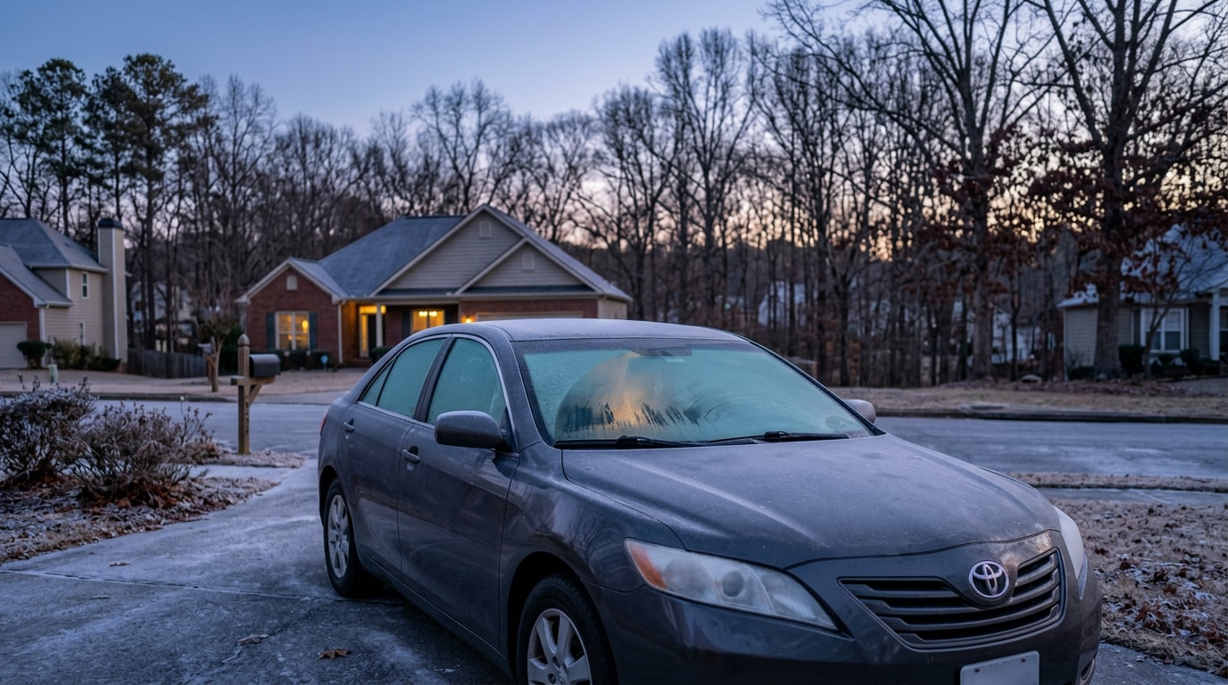 Frosted car windshield on a cold winter morning in a Georgia driveway