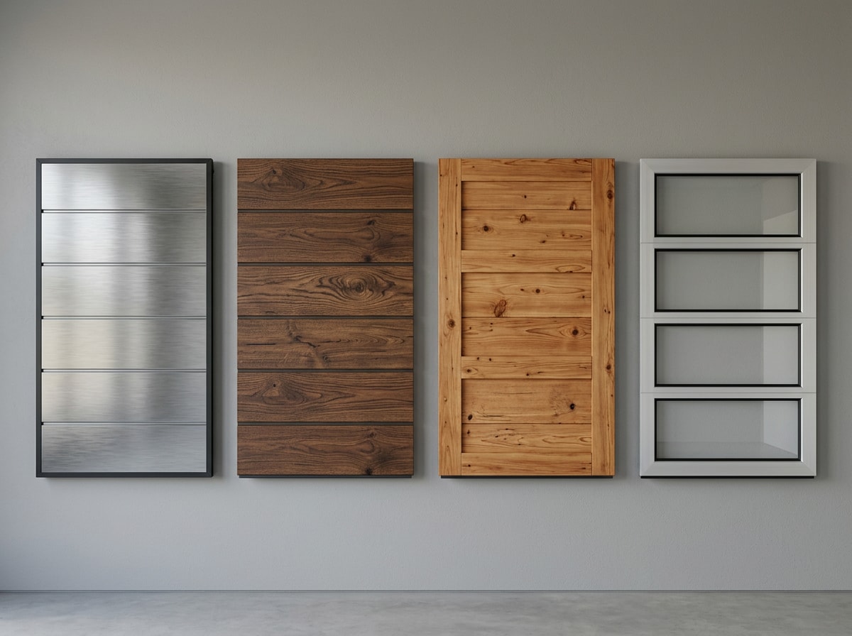 Side-by-side comparison of steel, wood, composite, and aluminum-glass double garage door materials