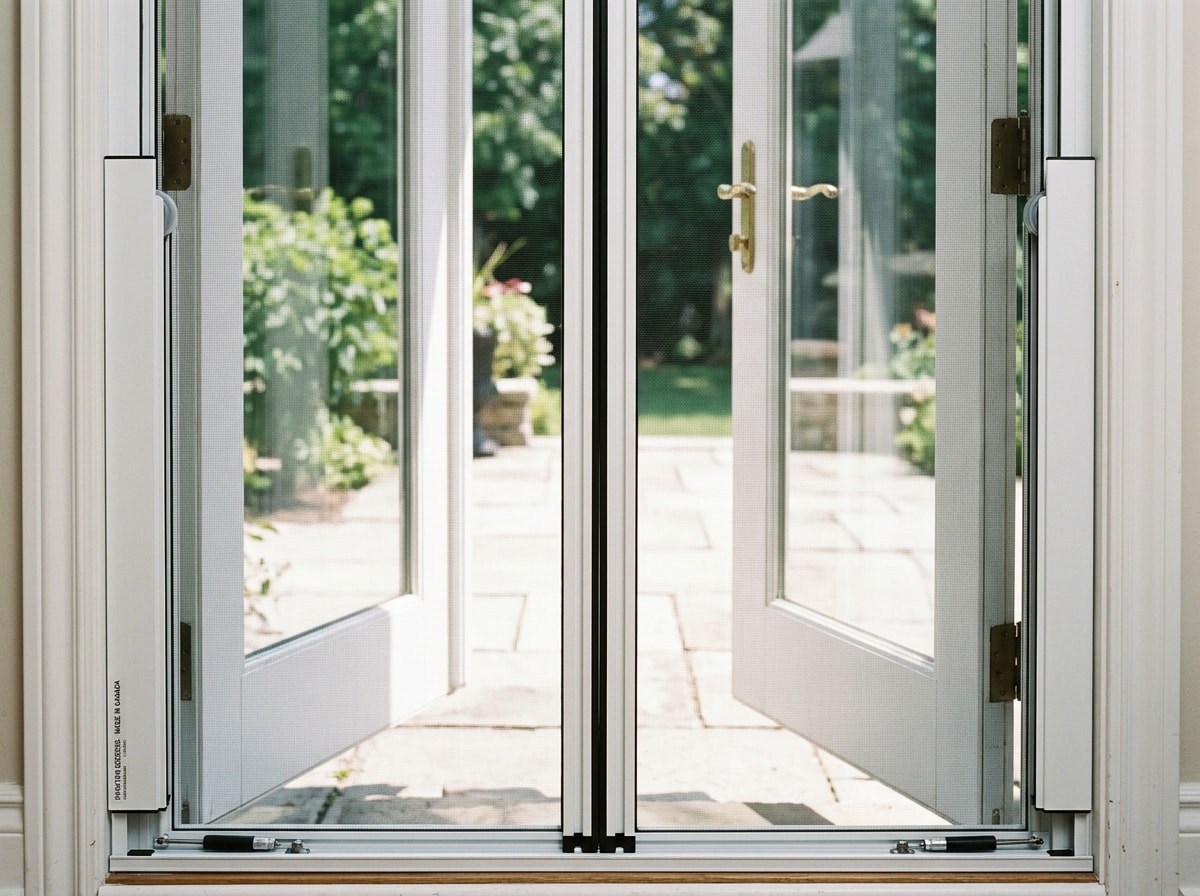 Diagram showing how retractable french door screens mount and meet in the middle with a magnetic closure