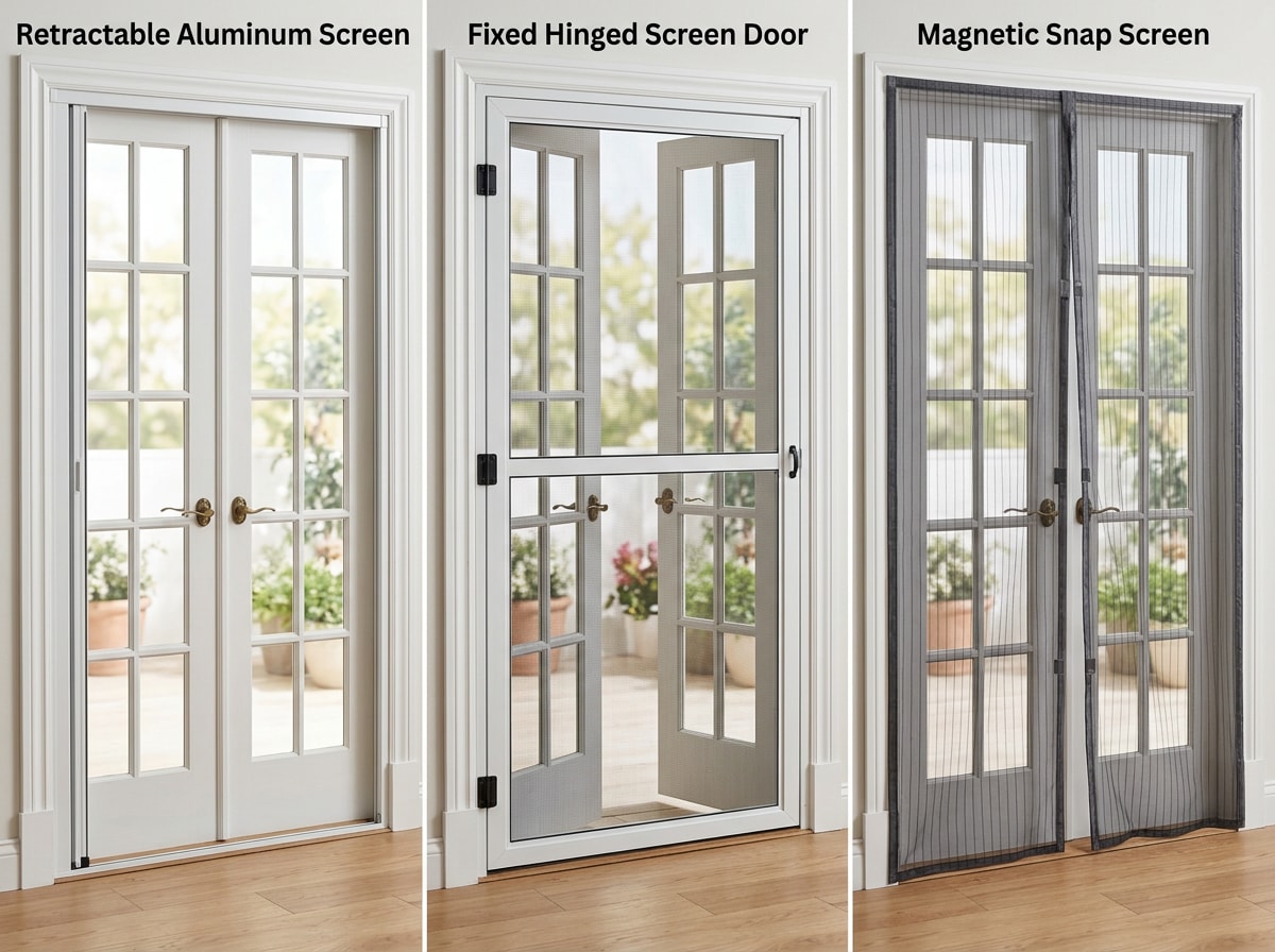 Comparison chart of retractable, fixed, and magnetic screen options for french doors