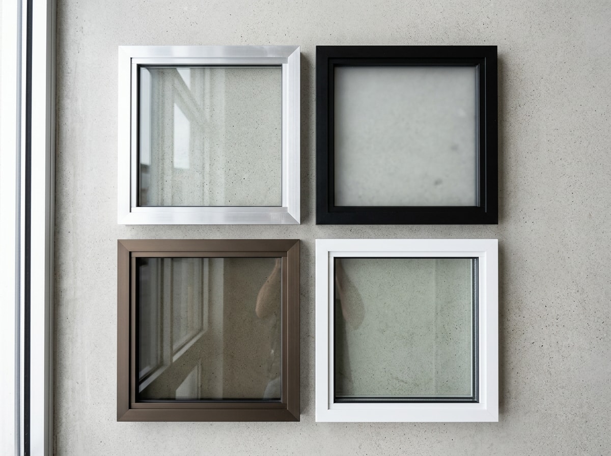 Grid of glass garage door frame finishes and glass type samples