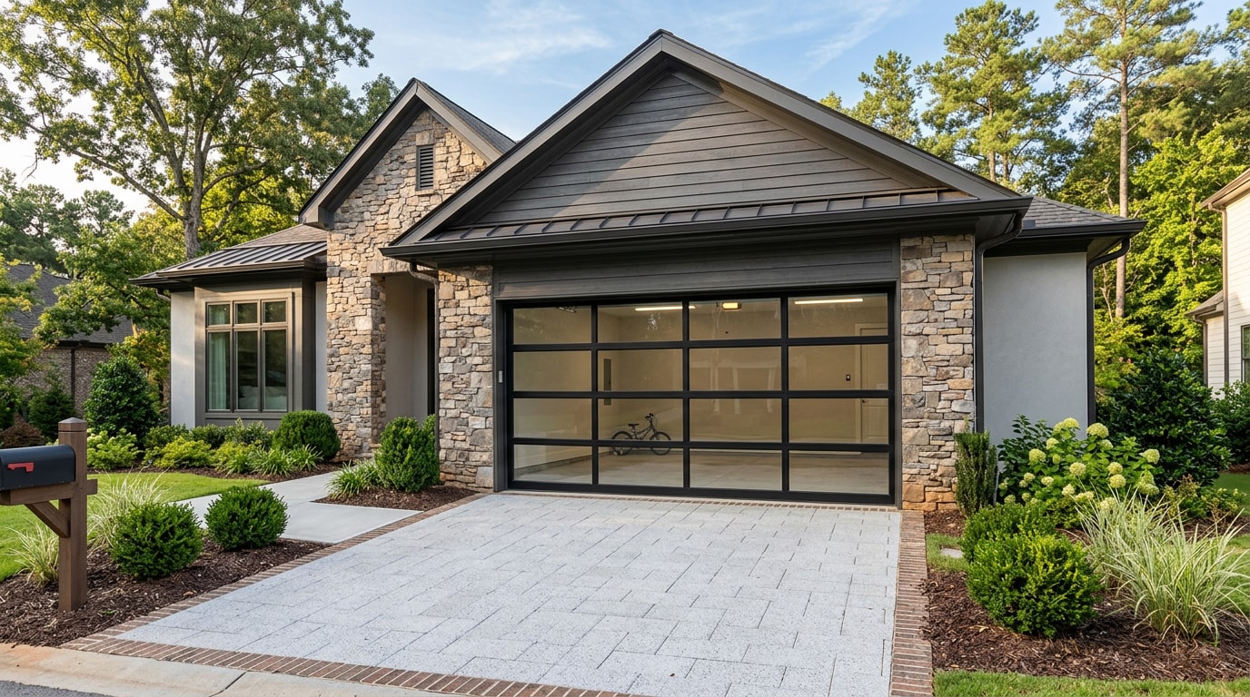Modern full-view glass garage door installed on a home in Georgia Modern full-view glass garage door installed on a home in Georgia