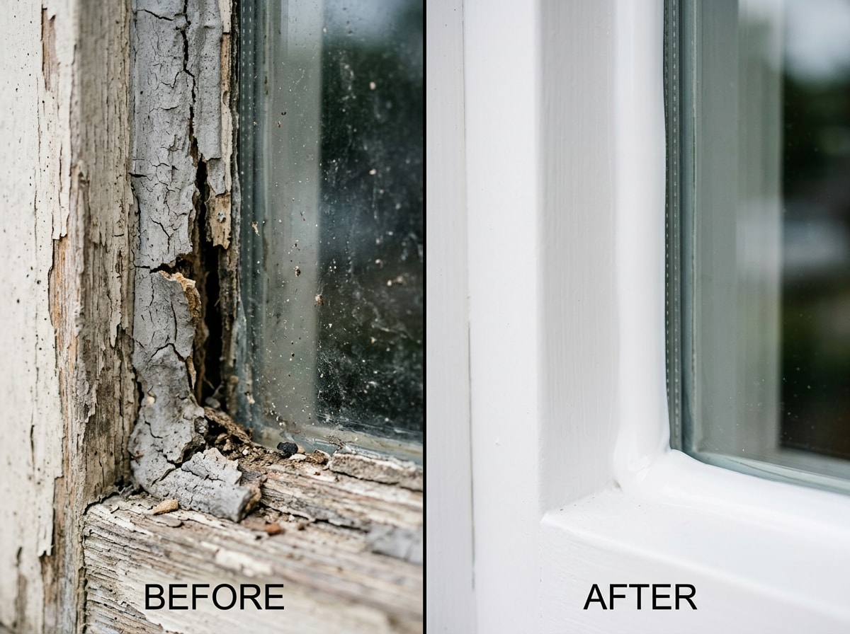 Close-up comparison of cracked, peeling window caulk next to a freshly sealed window frame