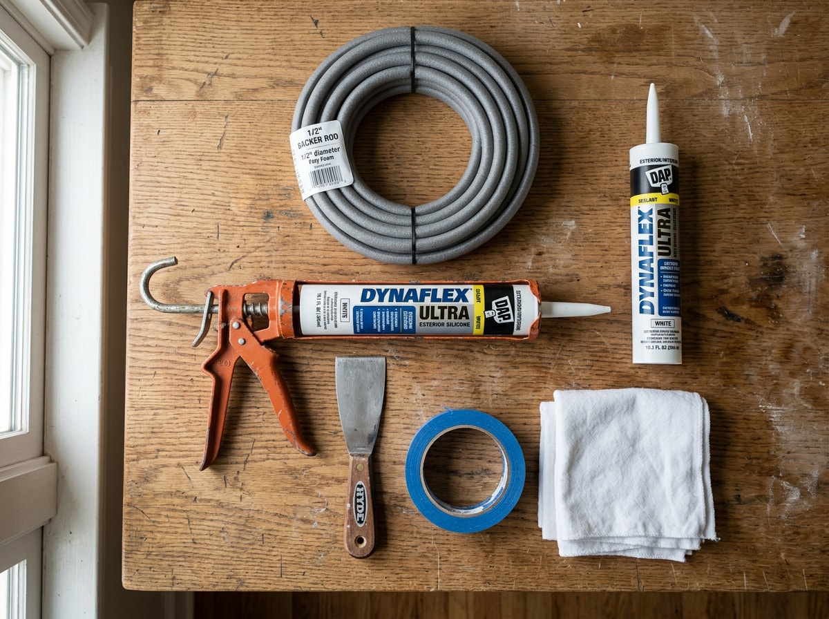 Flat-lay of window resealing tools including caulk gun, sealant tube, backer rod, putty knife, and painter's tape