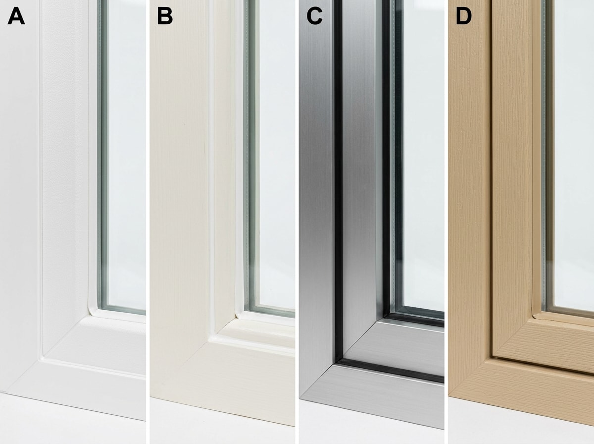 Side-by-side comparison table of sealant recommendations for vinyl, wood, aluminum, and fiberglass window frames