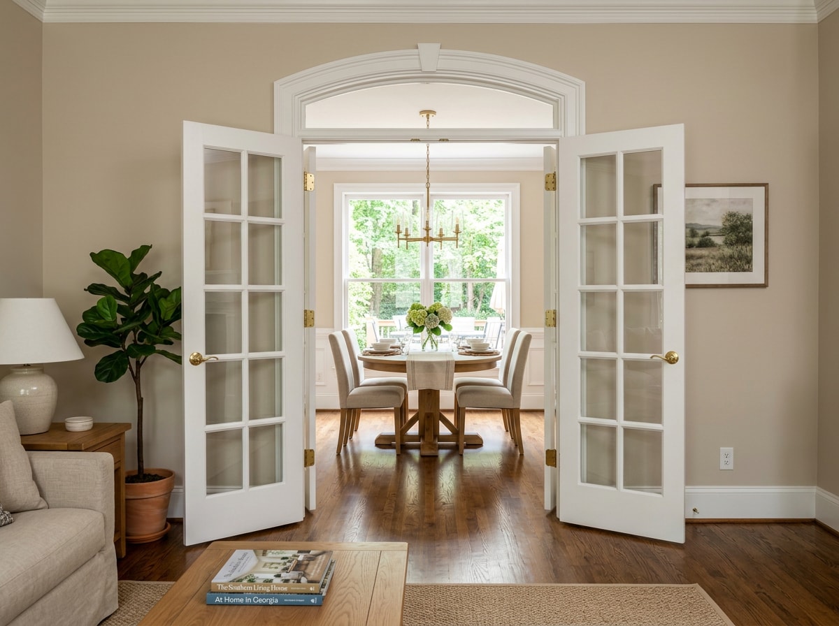 Interior French doors installed between a living room and dining area in a Conyers, GA home