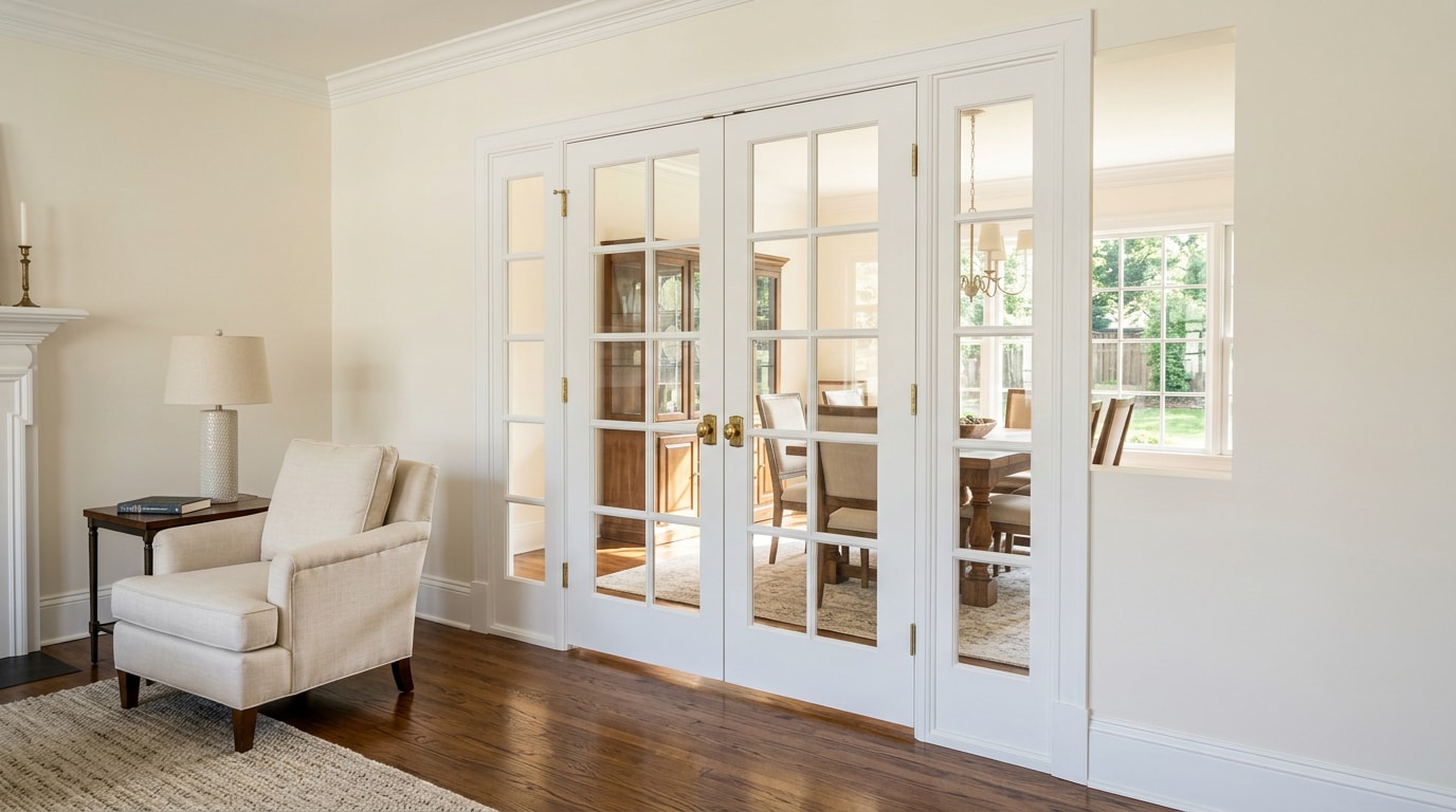 Finished white interior French doors installed between a living room and dining room