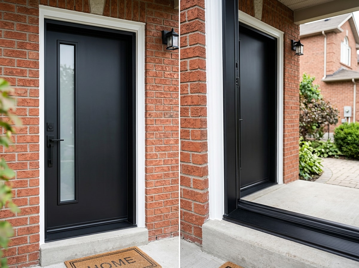 Modern steel entry door installed on a brick home exterior in Athens, Georgia