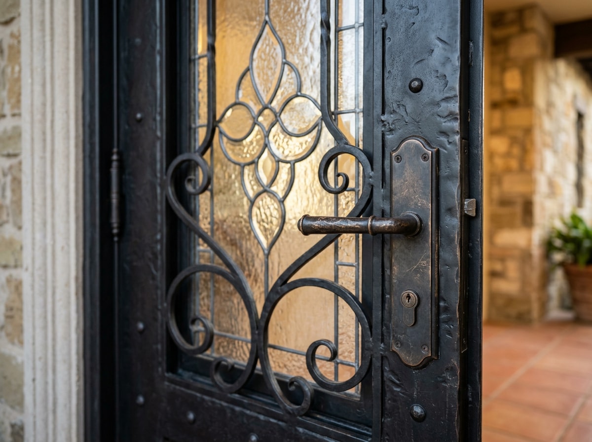 Close-up of a wrought iron entry door with decorative glass and hardware