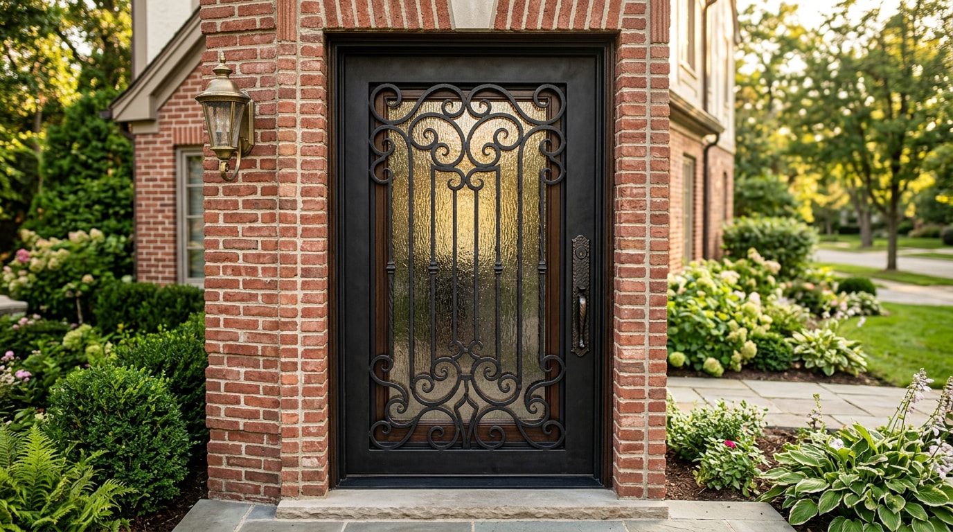 Custom wrought iron entry door installed on a brick home in Athens, Georgia Custom wrought iron entry door installed on a brick home in Athens, Georgia