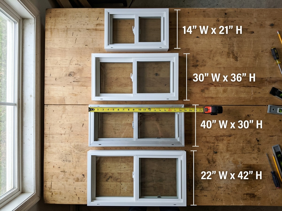 Mobile home window sizes chart showing standard rough opening dimensions for 14x27, 30x60, 36x54, and 36x60 windows