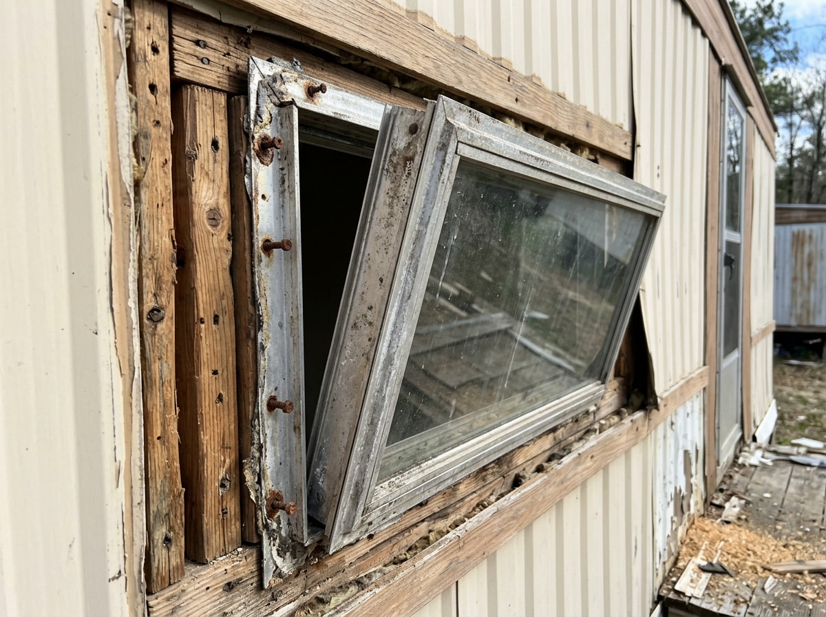 Close-up of a mobile home window being removed from its mounting flange during a replacement installation