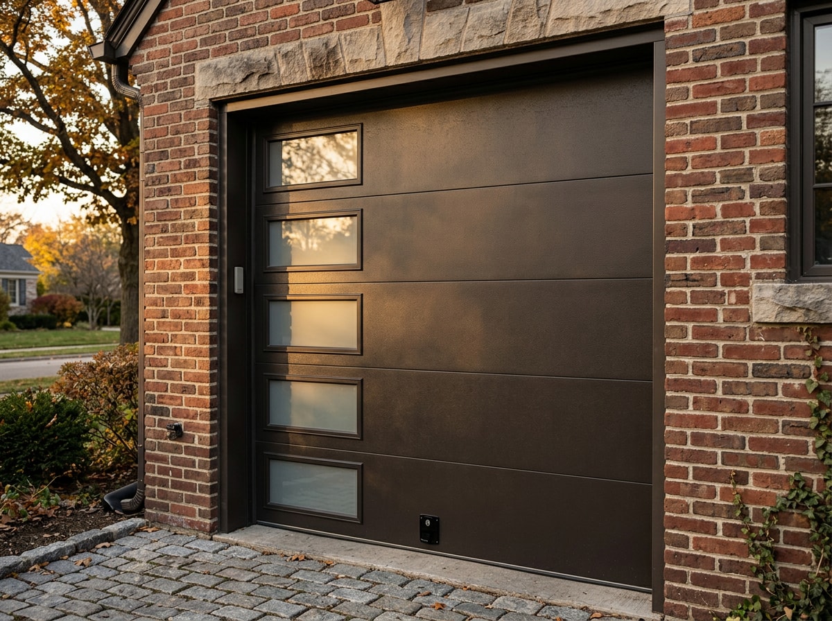 Modern insulated garage door installed on a brick home in Georgia