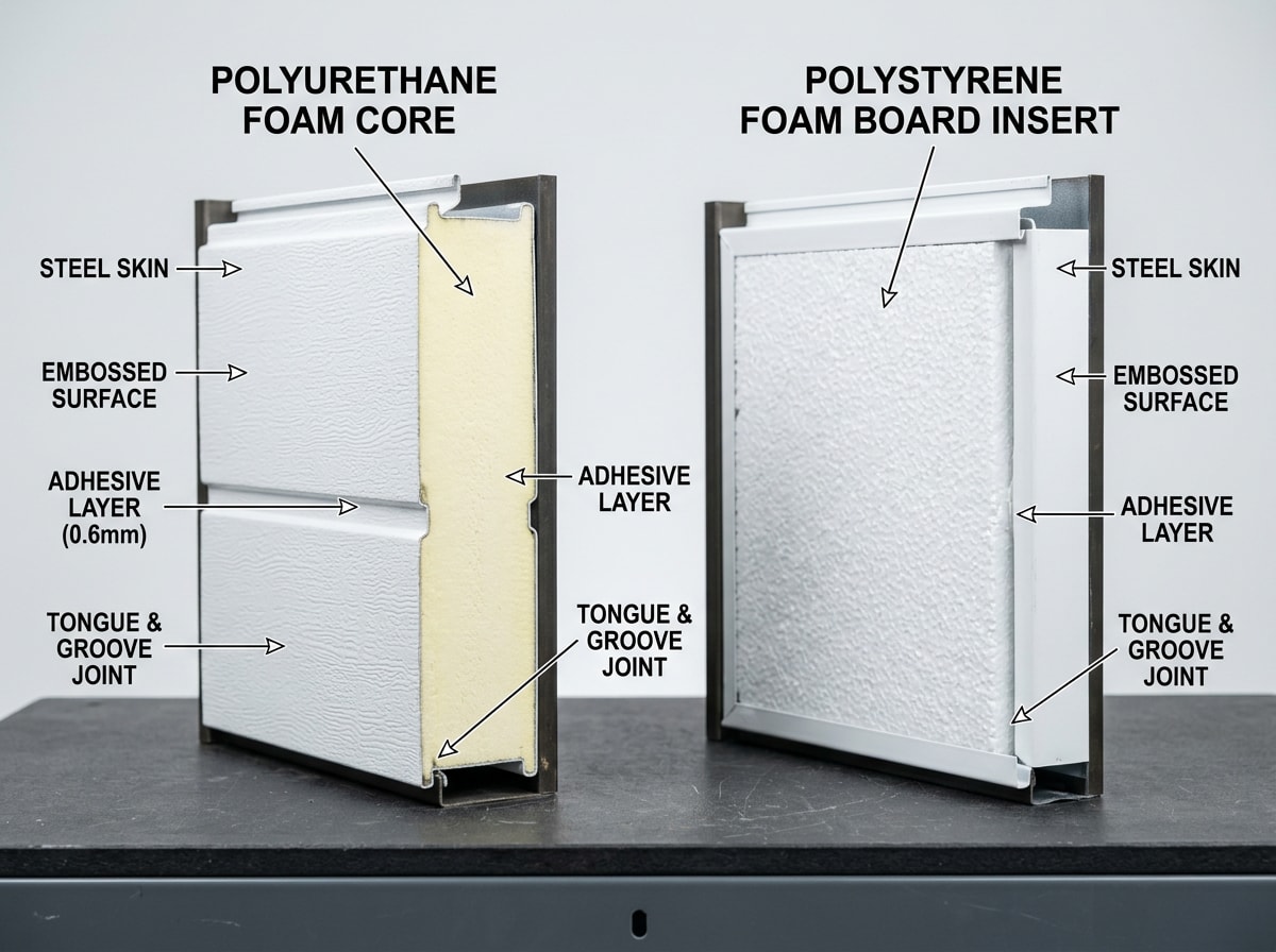 Cross-section comparison of polyurethane and polystyrene insulated garage door panels