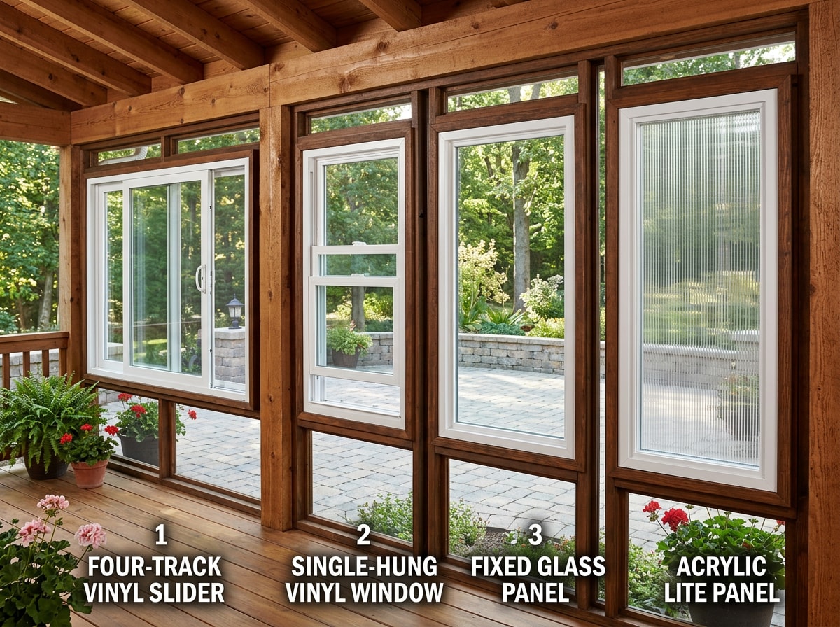 Comparison of four-track vinyl, single-hung, fixed glass, and acrylic patio window panels on a screened porch