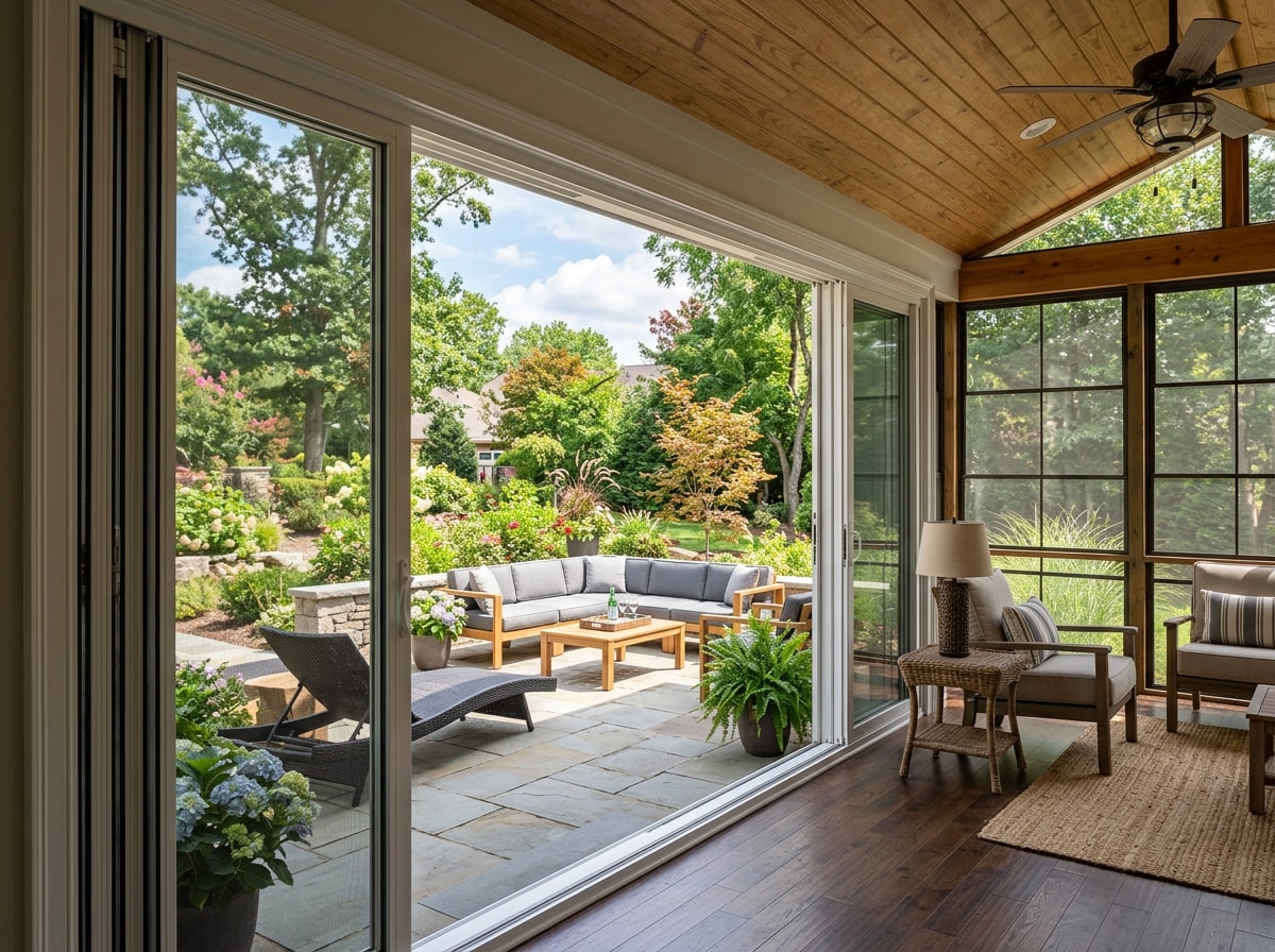 Bright screened porch with retracted vinyl patio window panels opening onto a backyard patio