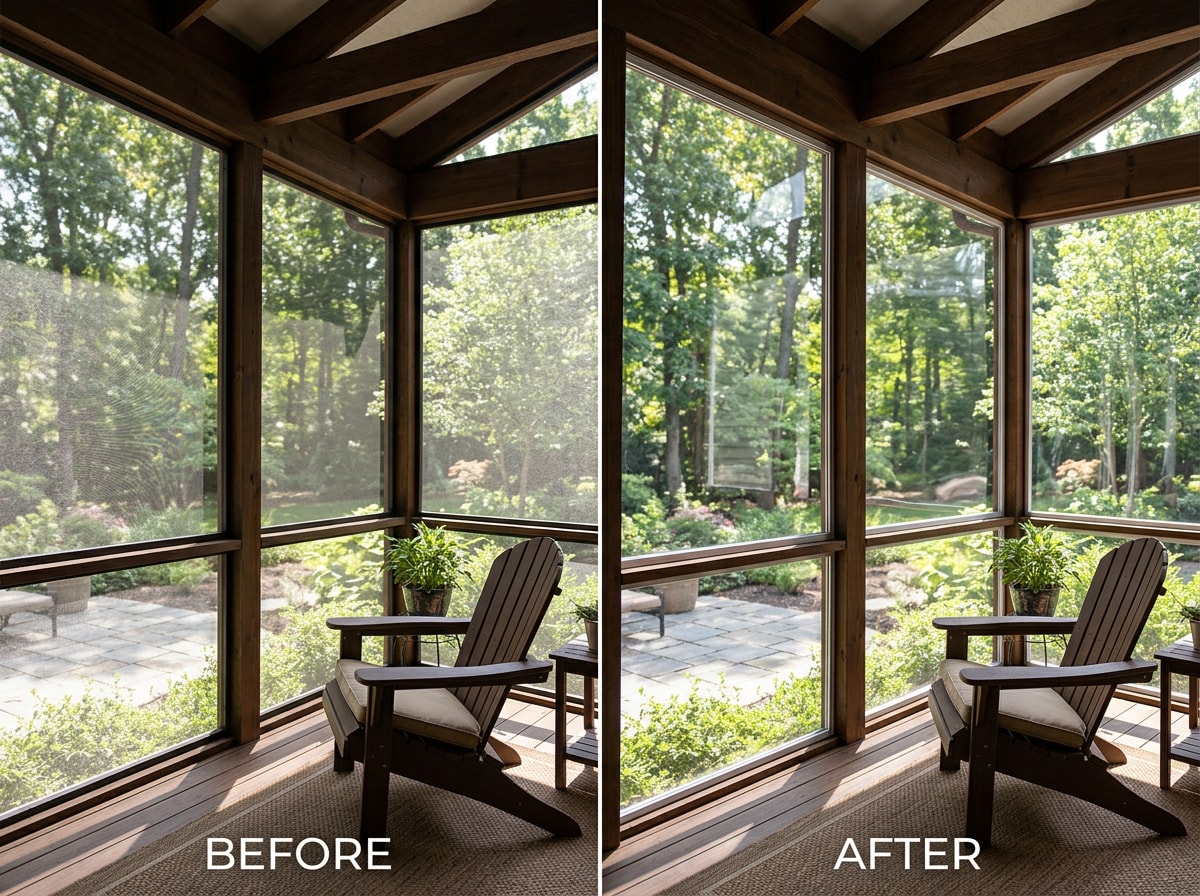 Before and after photo of a Covington screened porch converted with vinyl patio window panels