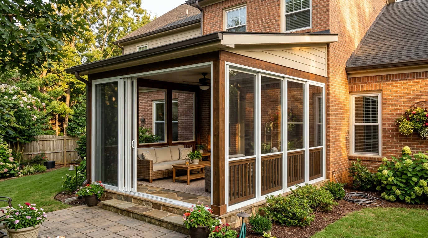 Screened porch with vinyl patio window panels installed on a Covington, GA home Screened porch with vinyl patio window panels installed on a Covington, GA home