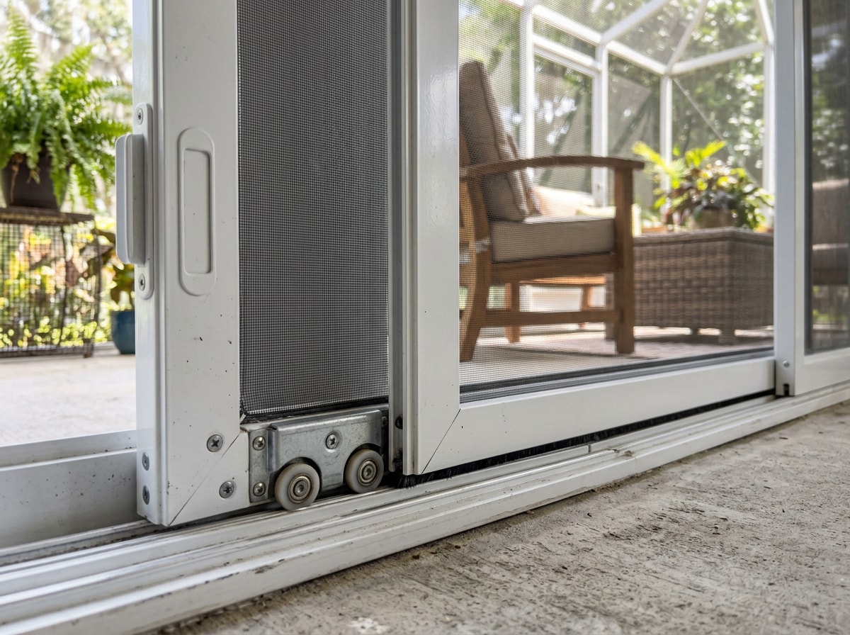Aluminum sliding screen door installed on a screened patio enclosure in Gwinnett County, GA