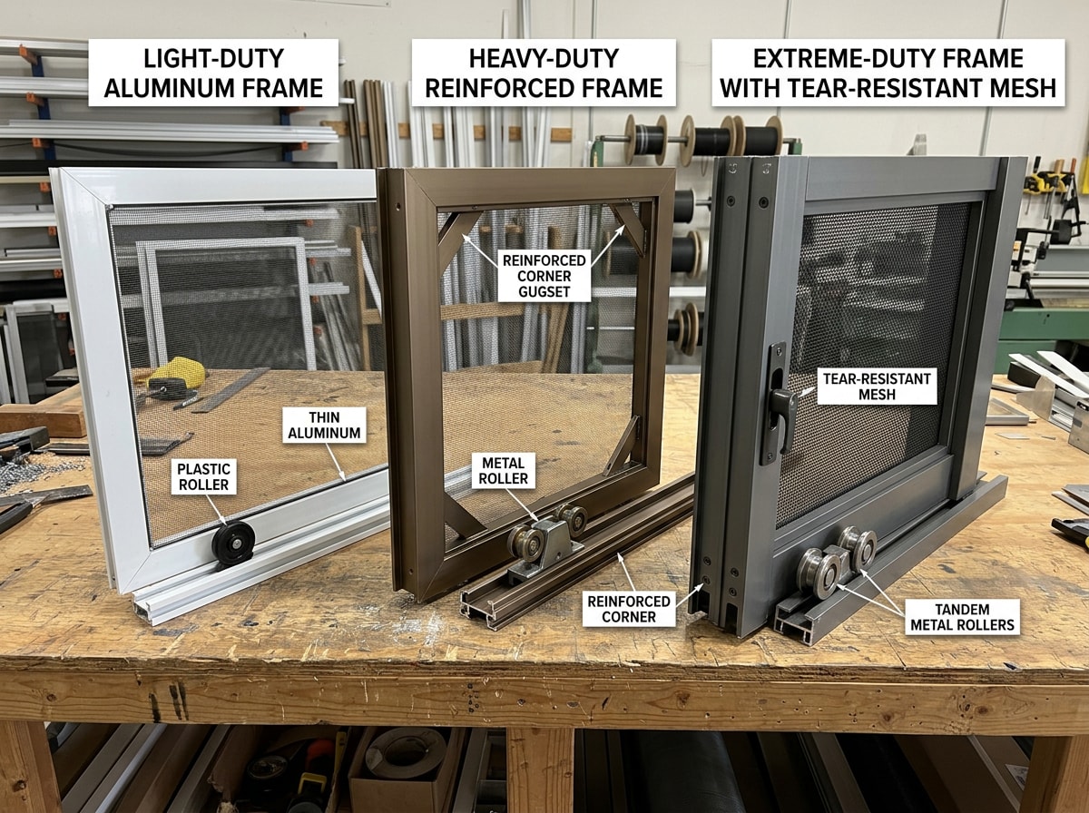 Comparison graphic showing light-duty, heavy-duty, and extreme-duty sliding screen door construction