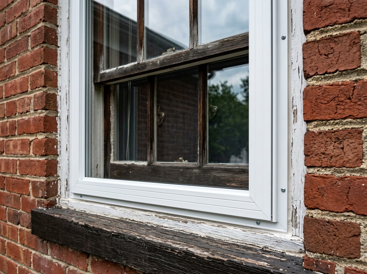 Exterior storm window mounted over a primary window frame on a brick home