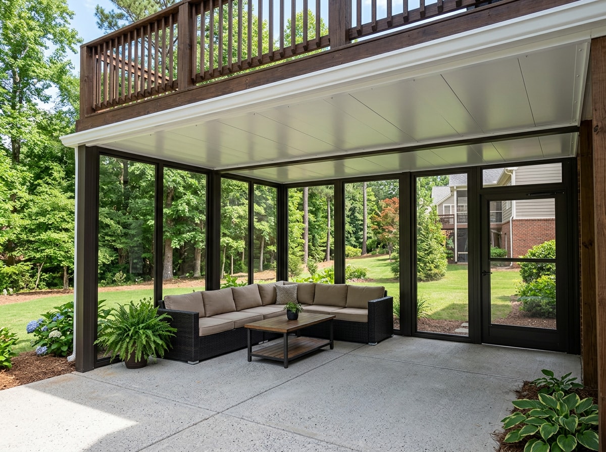 Completed under-deck enclosure with glass window panels on a home in Grayson, Georgia