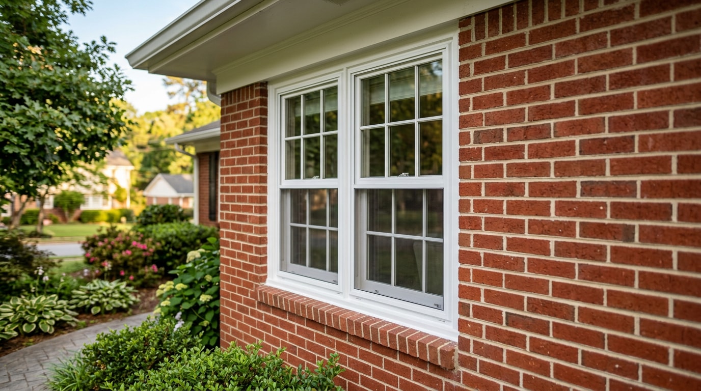 Exterior storm window installed over a primary window on a brick home in Grayson, GA