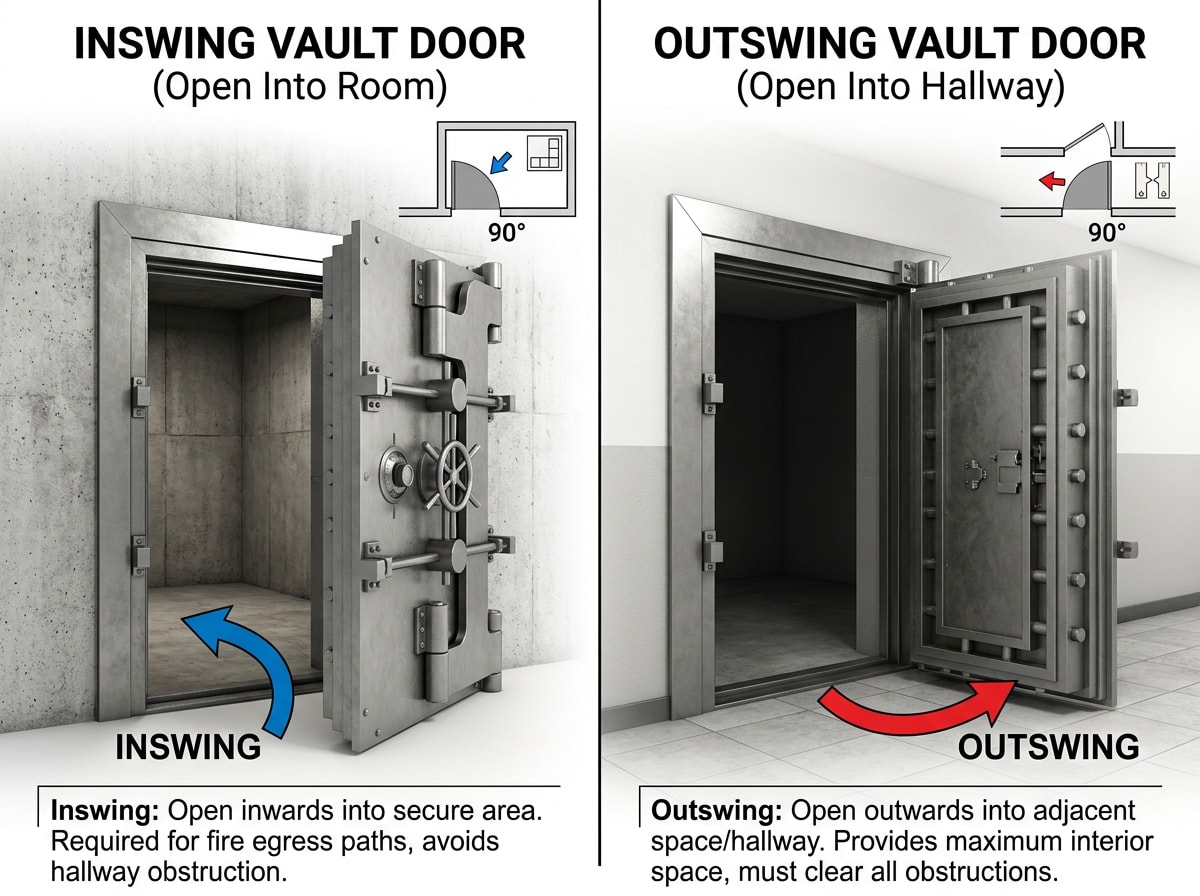 Diagram comparing inswing and outswing vault door configurations