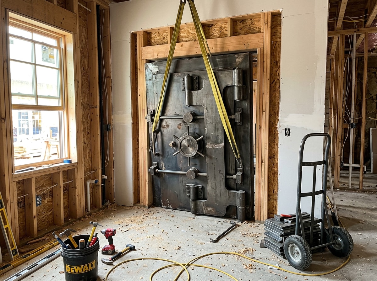 Delivery crew installing a heavy steel vault door into a finished residential opening
