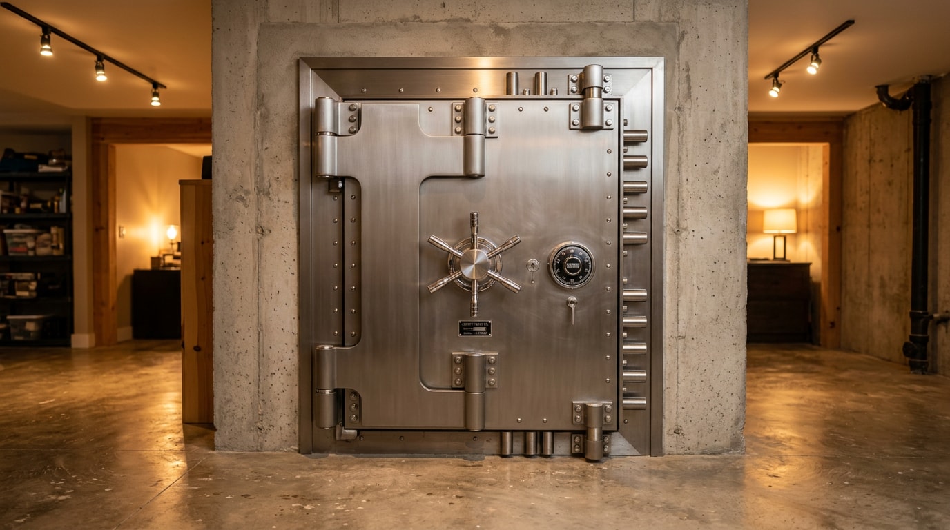 Heavy steel vault door installed in a residential basement wall Heavy steel vault door installed in a residential basement wall