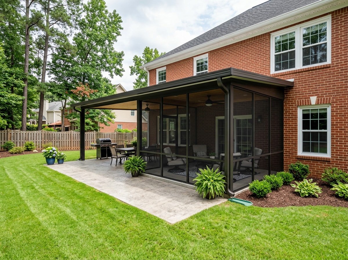 finished patio cover and screen room addition built alongside new windows on a Conyers home