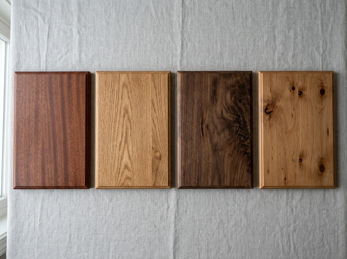 Side-by-side comparison of mahogany, oak, walnut, and knotty alder wood front door finishes