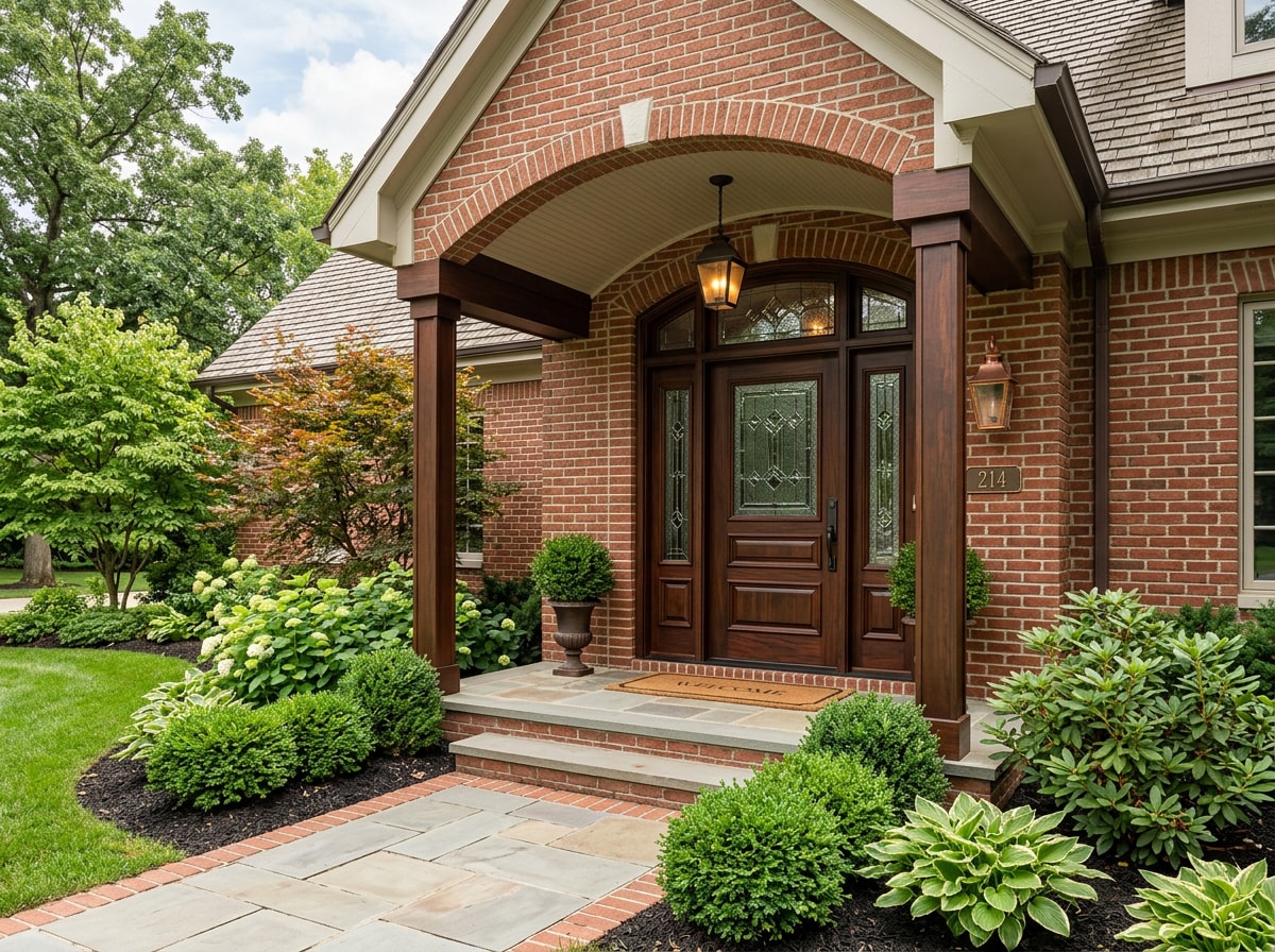 Custom stained wood entry door installed on a traditional-style home exterior