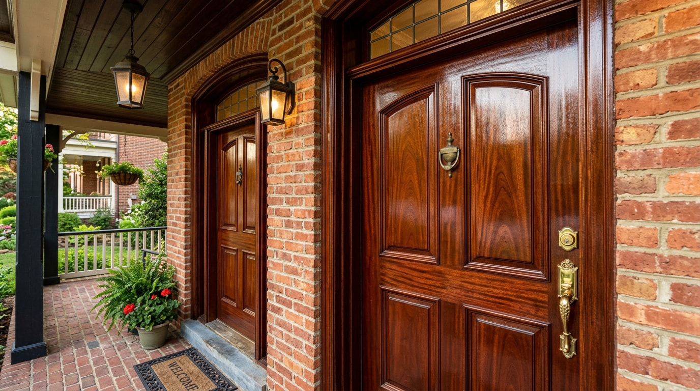 Stained mahogany wooden front door installed on a brick home exterior in Jackson, GA