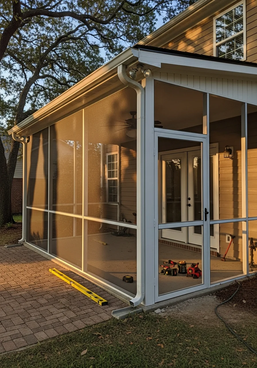 Custom screen room installation on residential patio in the Conyers area