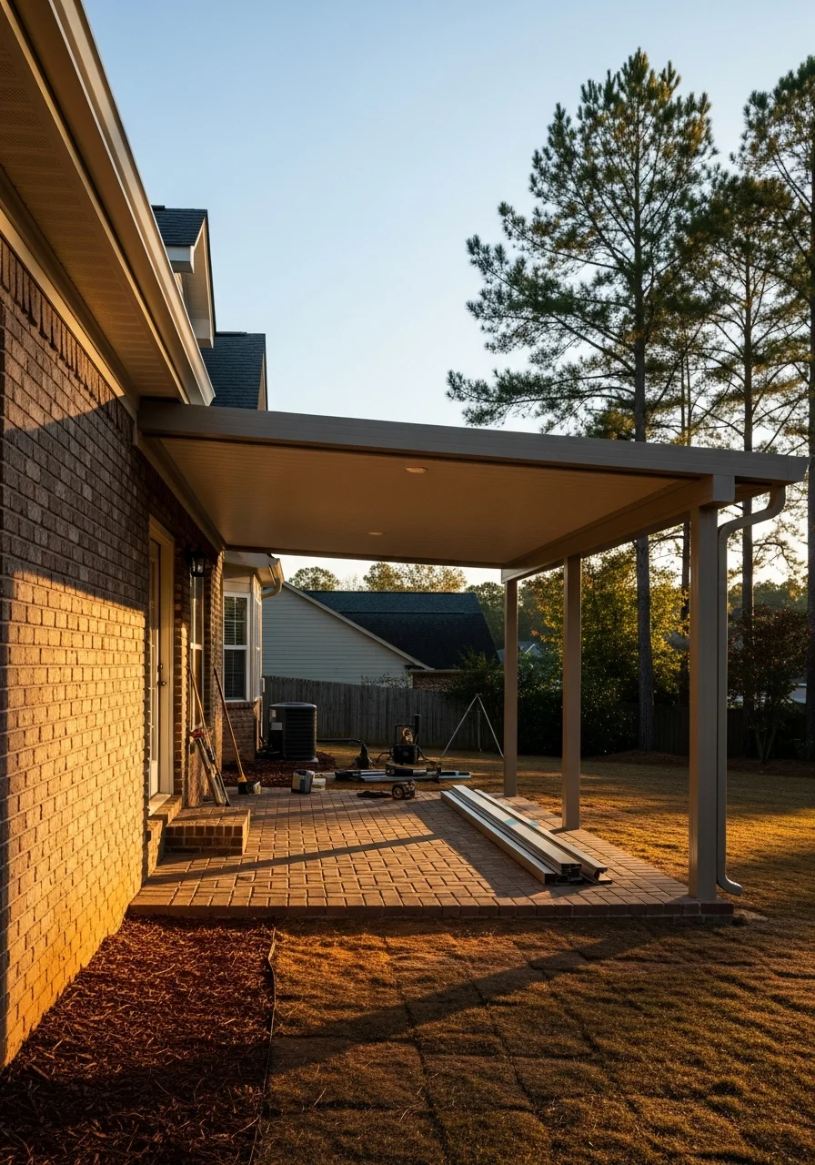 Aluminum patio cover structure providing shade over outdoor living space in Conyers, Georgia area