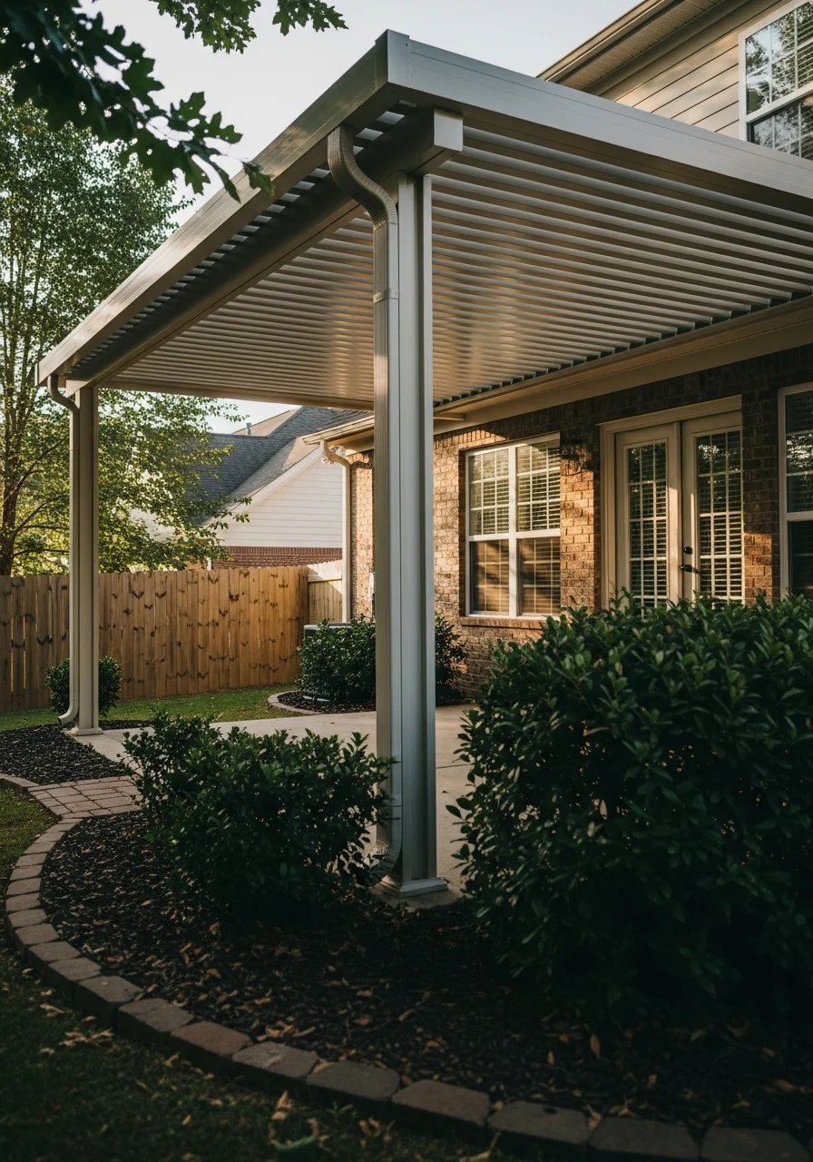 Aluminum patio cover and pergola structure in Conyers Georgia residential backyard