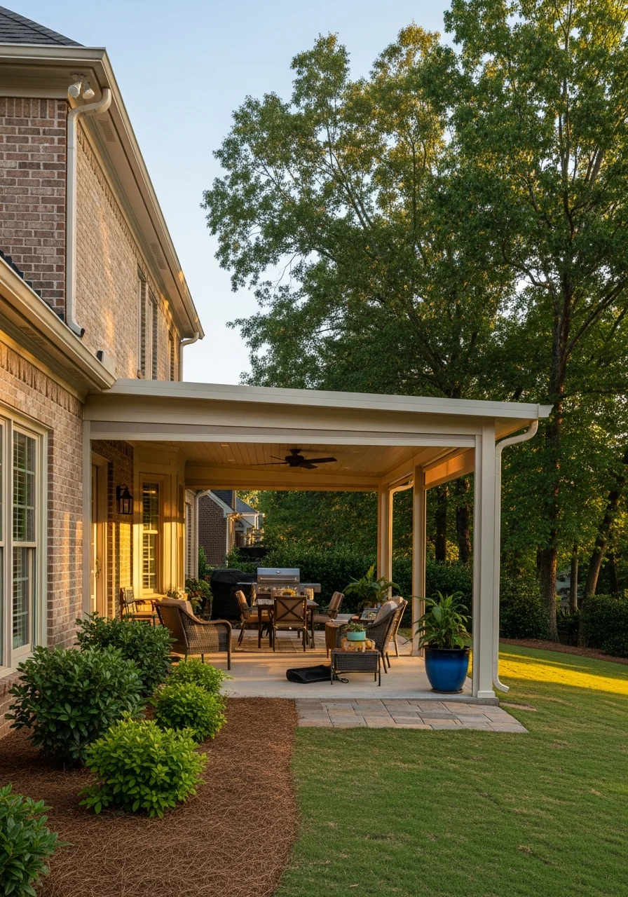 Custom patio cover installation providing shade over outdoor entertaining space in Grayson residential area
