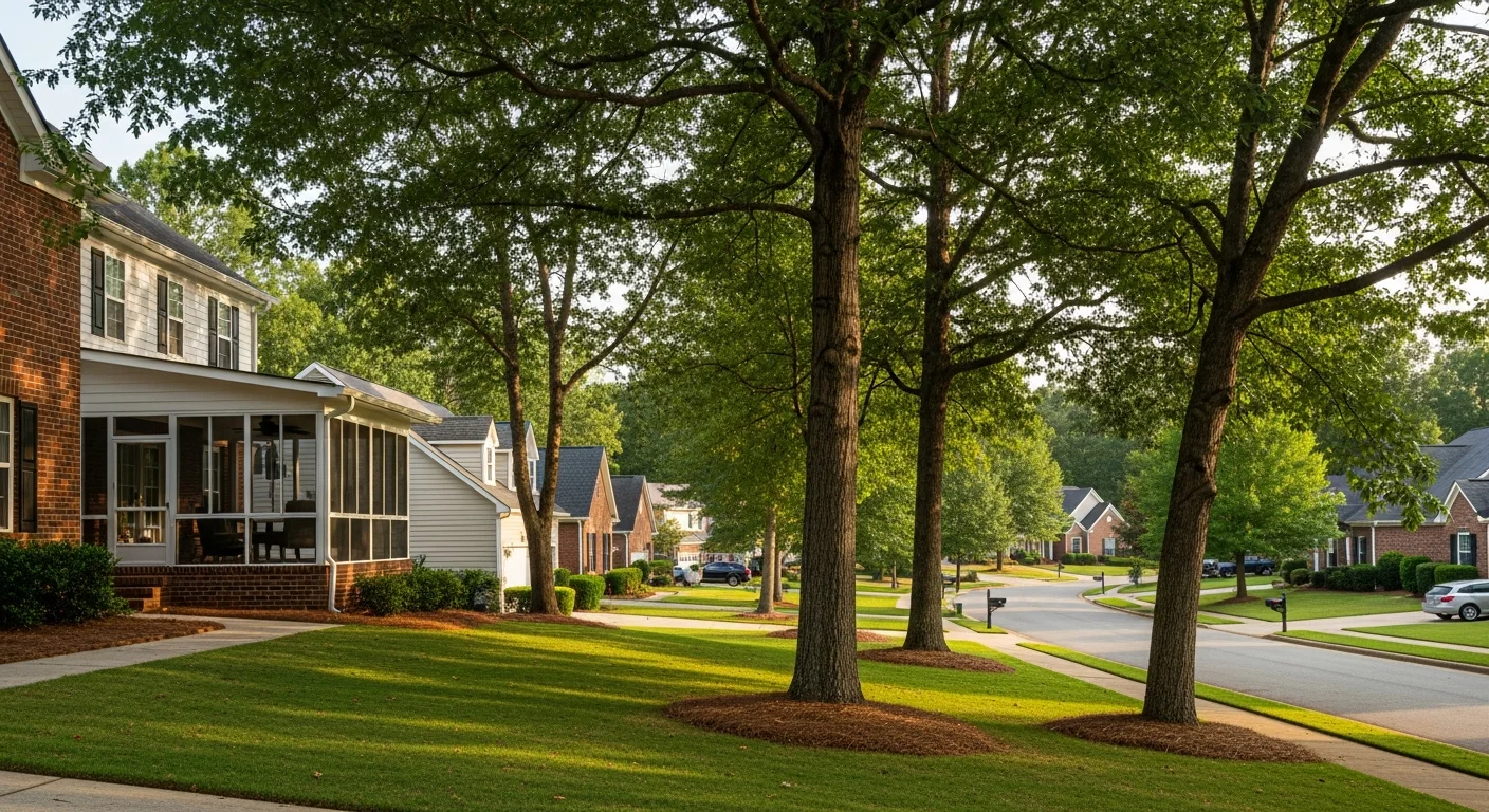 Suburban Gwinnett County street with varied home styles, mature landscaping, and tree-lined sidewalks.