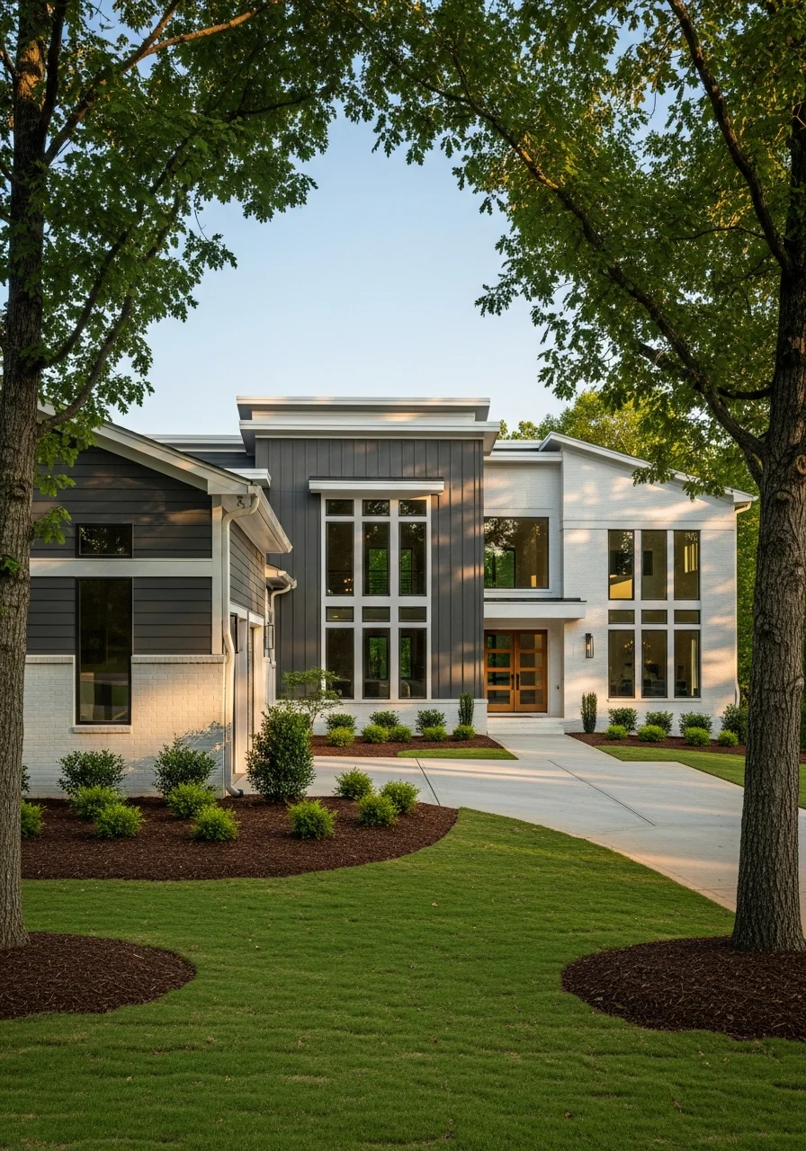 Modern Henry County home exterior with contemporary design and landscaped front yard.