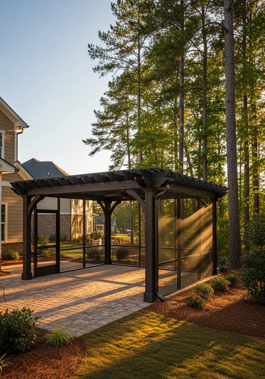 Custom pergola and shade structure over outdoor patio in Jackson County neighborhood